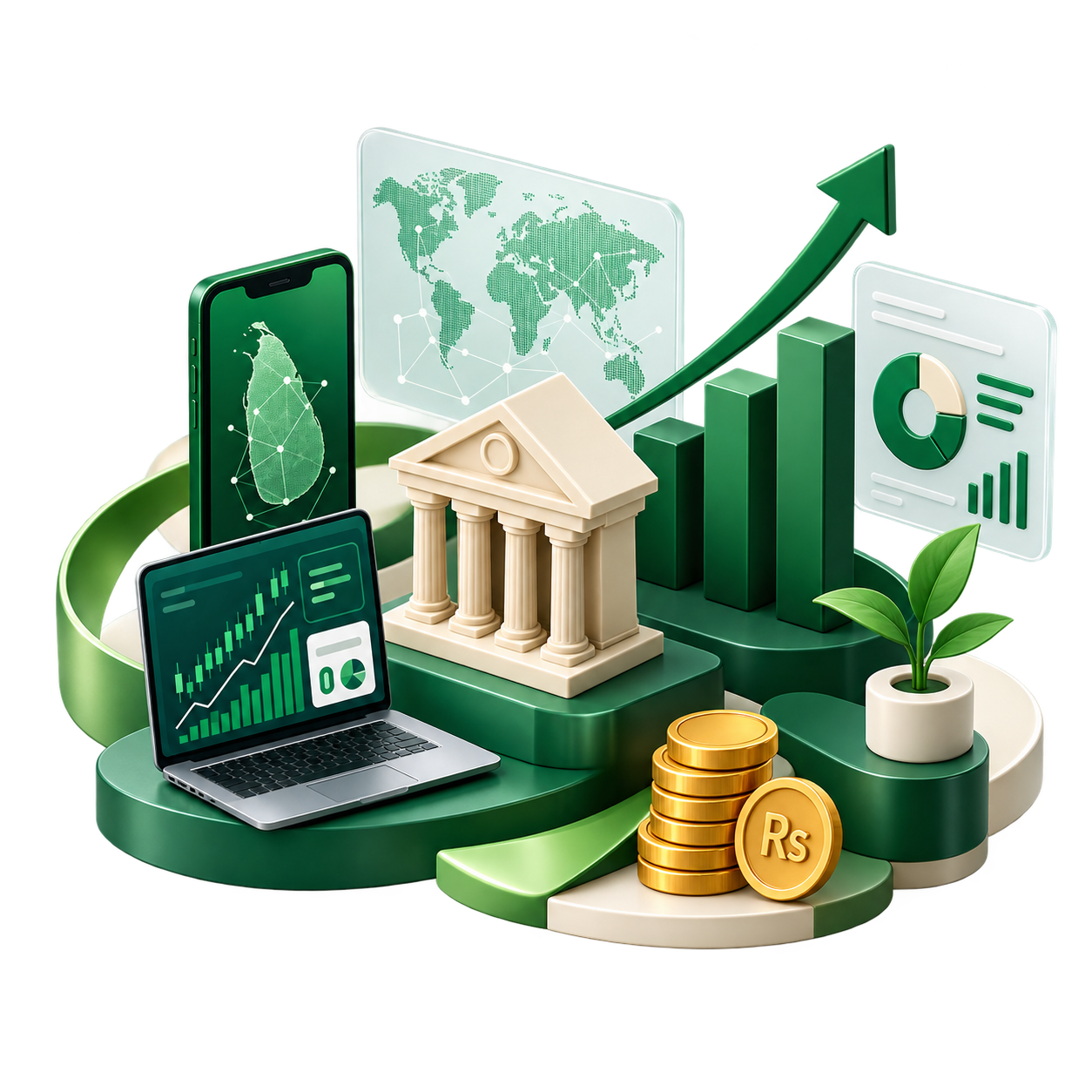 Illustration of financial dashboards, a bank building, a growth chart and coins